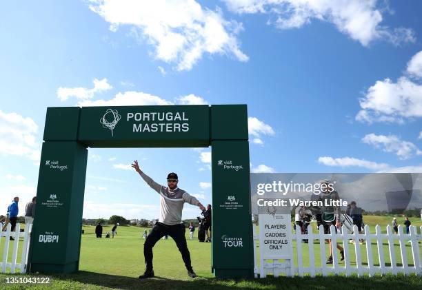 Kalle Samooja of Finland jokes around on the driving range ahead of the Portugal Masters at Dom Pedro Victoria Golf Course on November 03, 2021 in...