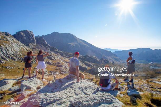 wanderfreunde entspannen am trailgipfel, auf grasbewachsener wiese - combine day 5 stock-fotos und bilder