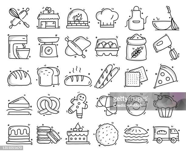 ilustraciones, imágenes clip art, dibujos animados e iconos de stock de objetos y elementos relacionados con la panadería. colección de ilustraciones de garabatos vectoriales dibujados a mano. conjunto de iconos dibujados a mano. - bolleria