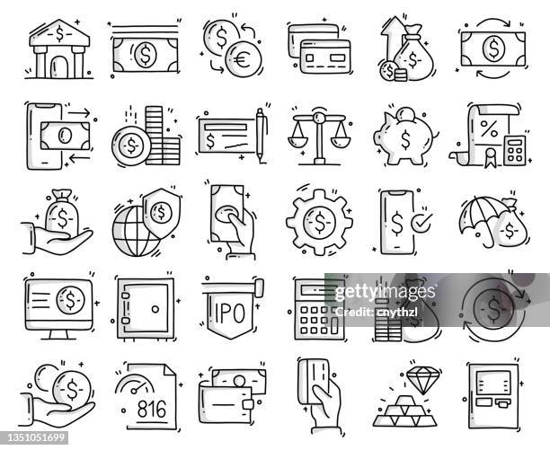 banking and money related objects and elements. hand drawn vector doodle illustration collection. hand drawn icons set. - currency stock illustrations stock illustrations