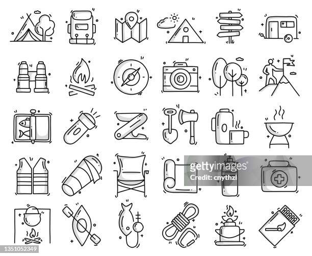 camping and outdoor related objects and elements. hand drawn vector doodle illustration collection. hand drawn icons set. - wooden sign stock illustrations