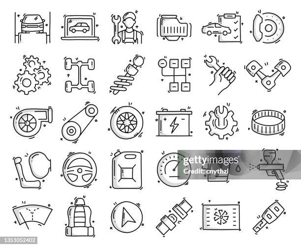 fahrzeugdienstbezogene objekte und elemente. handgezeichnete vektor-doodle-illustrationssammlung. handgezeichnete symbole gesetzt. - airbag stock-grafiken, -clipart, -cartoons und -symbole