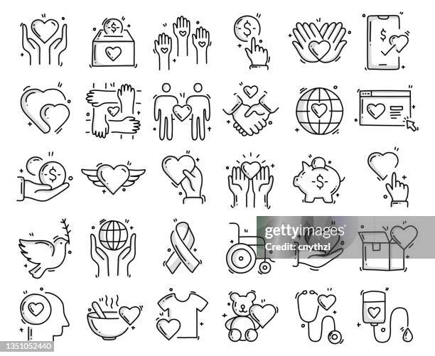 ilustrações, clipart, desenhos animados e ícones de objetos e elementos relacionados à caridade e doação. coleção de ilustração de rabisco de vetor desenhado à mão. conjunto de ícones desenhados à mão. - doação de órgãos