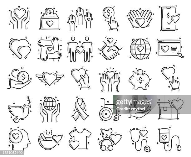 charity and donation related objects and elements. hand drawn vector doodle illustration collection. hand drawn icons set. - donate icon stock illustrations
