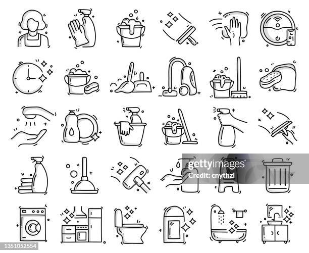 ilustrações, clipart, desenhos animados e ícones de limpeza de objetos e elementos relacionados à limpeza. coleção de ilustração de rabisco de vetor desenhado à mão. conjunto de ícones desenhados à mão. - neat