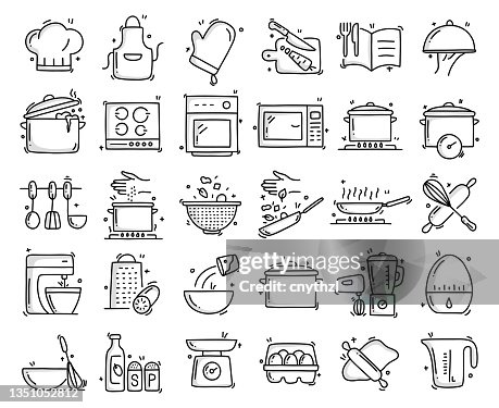 Cooking Related Objects and Elements. Hand Drawn Vector Doodle Illustration Collection. Hand Drawn Icons Set. Cooking Related Objects and Elements. Hand Drawn Vector Doodle Illustration Collection. Hand Drawn Icons Set.
