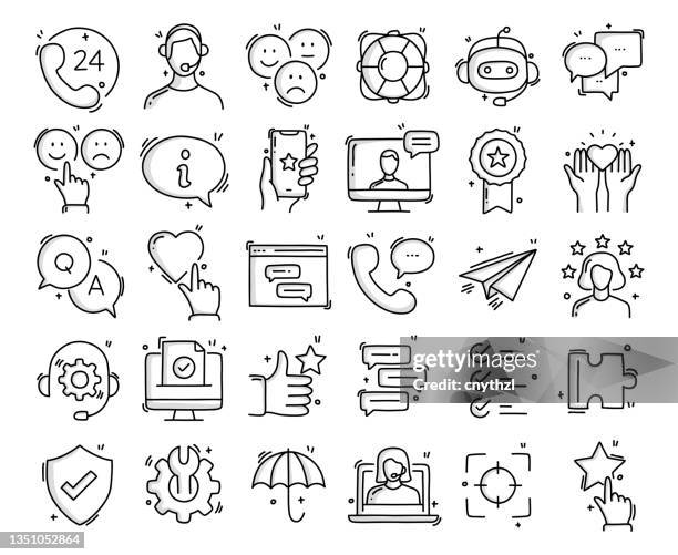 ilustrações, clipart, desenhos animados e ícones de objetos e elementos relacionados ao suporte ao cliente. coleção de ilustração de rabisco de vetor desenhado à mão. conjunto de ícones desenhados à mão. - customer support icon