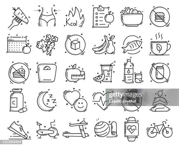 stockillustraties, clipart, cartoons en iconen met dieting and healthy lifestyle related objects and elements. hand drawn vector doodle illustration collection. hand drawn icons set. - suikervrij