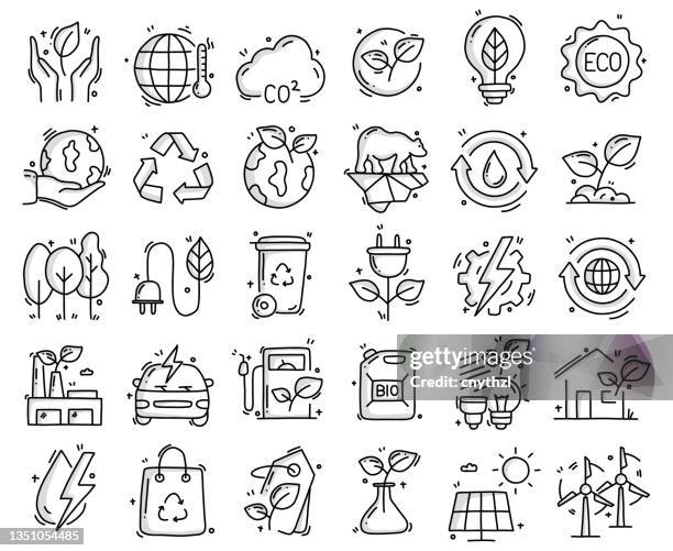 illustrazioni stock, clip art, cartoni animati e icone di tendenza di ecologia e ambiente oggetti ed elementi correlati. collezione di illustrazioni vettoriali disegnate a mano. set di icone disegnate a mano. - set di simboli