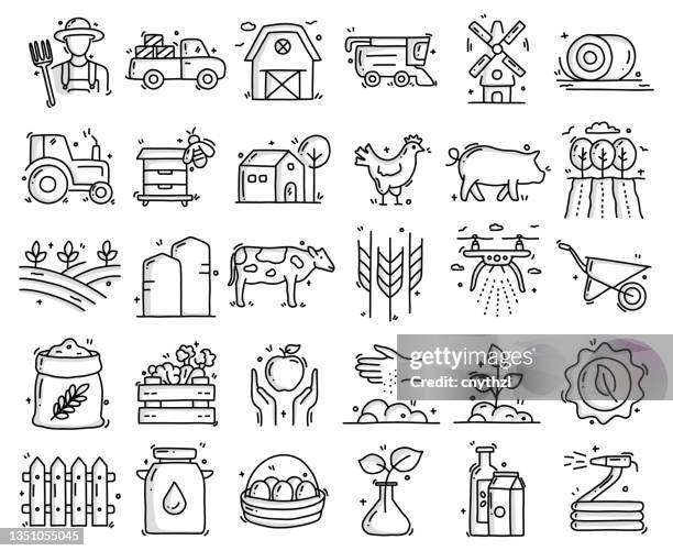 stockillustraties, clipart, cartoons en iconen met farming and agriculture related objects and elements. hand drawn vector doodle illustration collection. hand drawn icons set. - runderen hoefdier