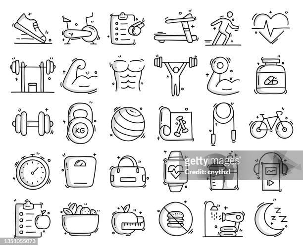 fitness and workout related objects and elements. hand drawn vector doodle illustration collection. hand drawn icons set. - strength icon stock illustrations