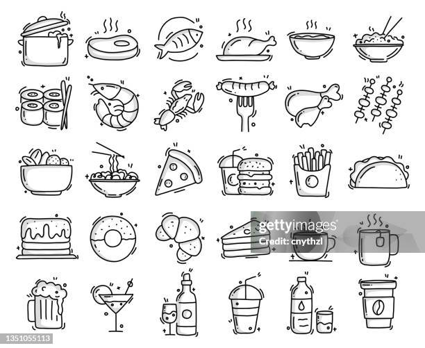 ilustrações, clipart, desenhos animados e ícones de objetos e elementos relacionados à comida e bebida. coleção de ilustração de rabisco de vetor desenhado à mão. conjunto de ícones desenhados à mão. - seafood