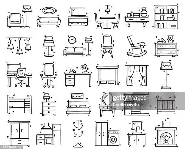 furniture related objects and elements. hand drawn vector doodle illustration collection. hand drawn icons set. - bed furniture stock illustrations