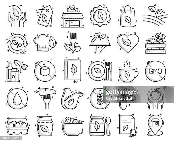 organisch verwandte objekte und elemente. handgezeichnete vektor-doodle-illustrationssammlung. handgezeichnete symbole gesetzt. - vegetarisches gericht stock-grafiken, -clipart, -cartoons und -symbole