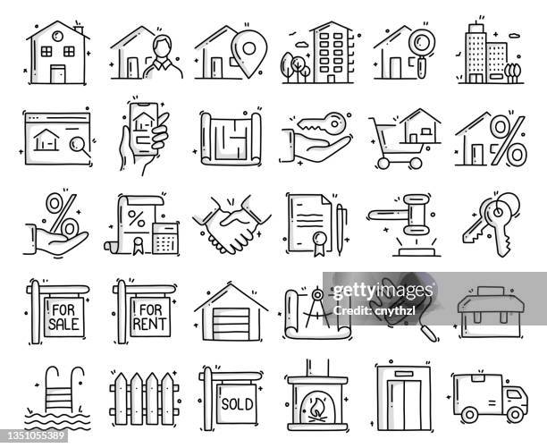 real estate related objects and elements. hand drawn vector doodle illustration collection. hand drawn icons set. - home ownership icon stock illustrations