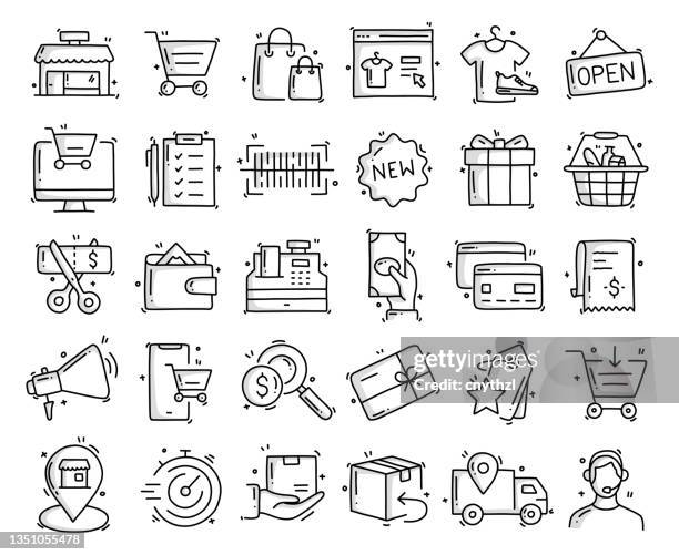 shopping and retail related objects and elements. hand drawn vector doodle illustration collection. hand drawn icons set. - shop icon stock illustrations