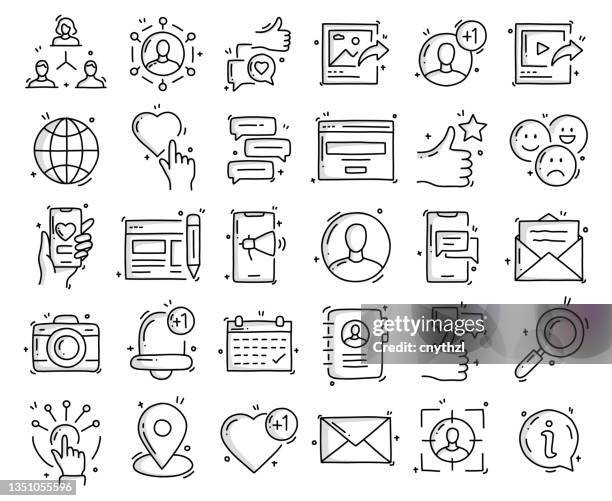 social media related objects and elements. hand drawn vector doodle illustration collection. hand drawn icons set. - customer engagement stock illustrations