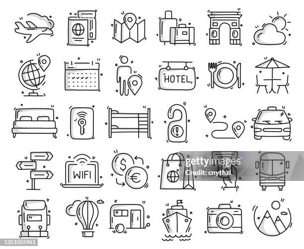 travel and tourism related objects and elements. hand drawn vector doodle illustration collection. hand drawn icons set. - journey icon stock illustrations