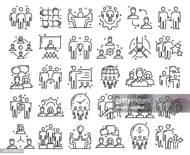 teamwork-bezogene objekte und elemente. handgezeichnete vektor-doodle-illustrationssammlung. handgezeichnete symbole gesetzt. - geschäftsfrau stock-grafiken, -clipart, -cartoons und -symbole