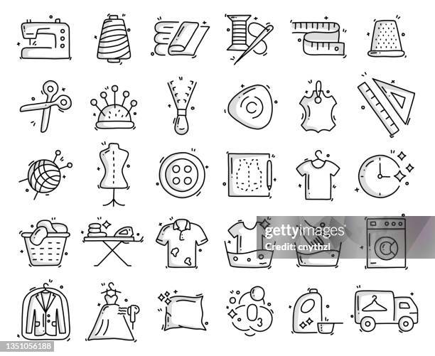 ilustrações de stock, clip art, desenhos animados e ícones de sewing and laundry related objects and elements. hand drawn vector doodle illustration collection. hand drawn icons set. - laundry basket