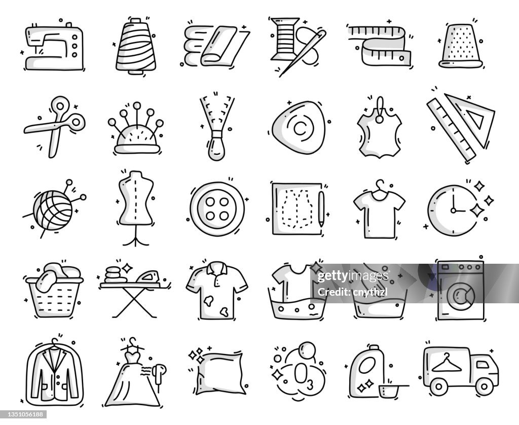 Sewing and Laundry Related Objects and Elements. Hand Drawn Vector Doodle Illustration Collection. Hand Drawn Icons Set.