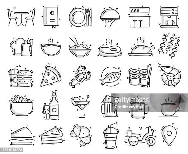 restaurant and food related objects and elements. hand drawn vector doodle illustration collection. hand drawn icons set. - food stock illustrations