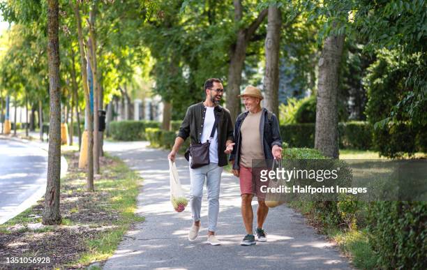 senior man with his mature son carrying shopping bags and walking outdoors in park. - nice old town stock pictures, royalty-free photos & images