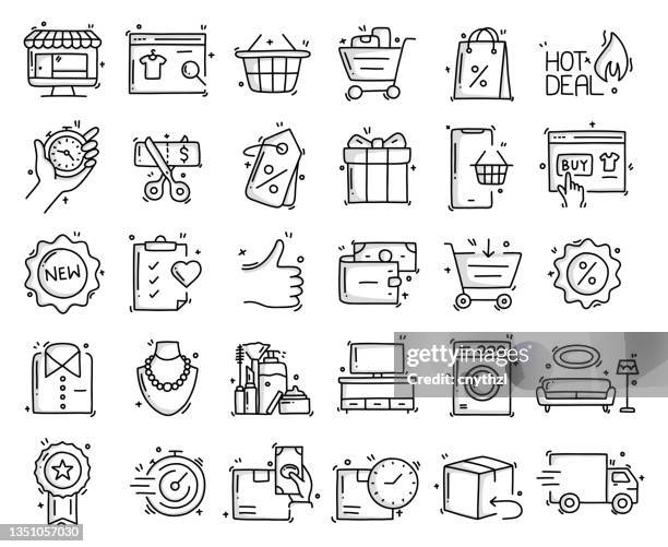 online shopping related objects and elements. hand drawn vector doodle illustration collection. hand drawn icons set. - confidence icon stock illustrations