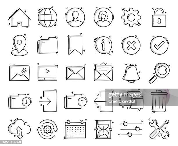 user interface related objects and elements. hand drawn vector doodle illustration collection. hand drawn icons set. - notification icon stock illustrations