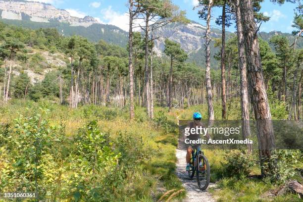 female mountain biker follows trail through forest - sierre bildbanksfoton och bilder