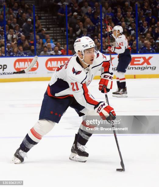 Garnet Hathaway of the Washington Capitals skates against the Tampa Bay Lightning at the Amalie Arena on November 01, 2021 in Tampa, Florida.