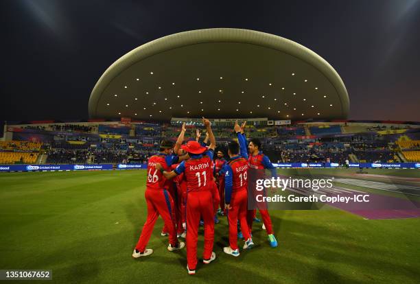 Players of Afghanistan huddle ahead of the ICC Men's T20 World Cup match between India and Afghanistan at Sheikh Zayed stadium on November 03, 2021...