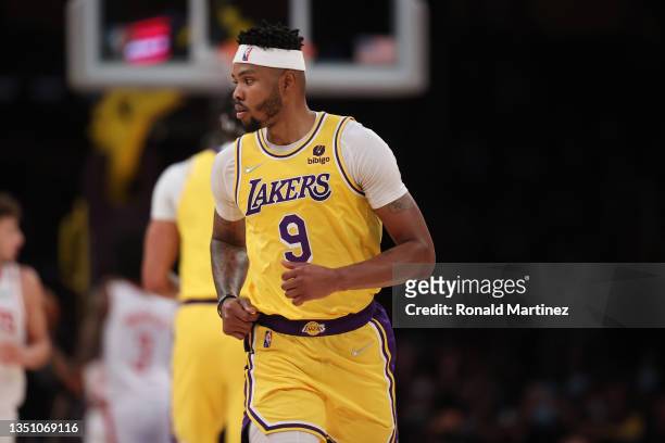 Kent Bazemore of the Los Angeles Lakers in the first quarter at Staples Center on November 02, 2021 in Los Angeles, California. NOTE TO USER: User...