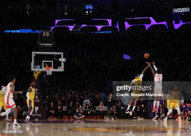 Kevin Porter Jr. #3 of the Houston Rockets takes a shot against Kent Bazemore of the Los Angeles Lakers in the fourth quarter at Staples Center on...