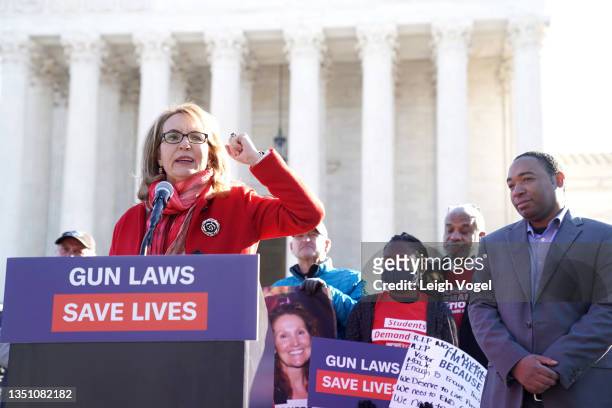 Gabby Giffords speaks as gun violence survivors gather in front of the Supreme Court ahead of oral argument in NYSRPA v. Bruen on November 03, 2021...