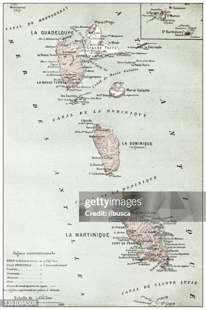 stockillustraties, clipart, cartoons en iconen met antique french map of guadalupe and martinique - franse overzeese gebieden