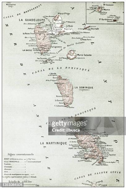 antique french map of guadalupe and martinique - french overseas territory stock illustrations