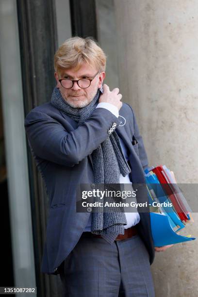 French Junior Minister of Relations with the Parliament Marc Fesneau leave the Elysee Palace after the weekly cabinet meeting on November 03, 2021 in...