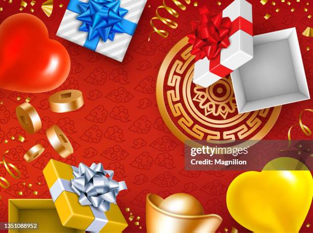 stockillustraties, clipart, cartoons en iconen met holiday heart shape balloons and gifts background - chinese birthday