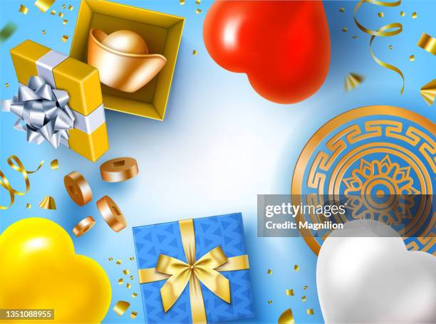 holiday heart shape balloons and gifts background - feng shui stock illustrations