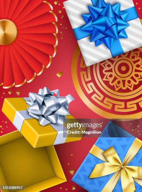 holiday background with open red gift box and chinese decorations - retirement celebration background stock illustrations