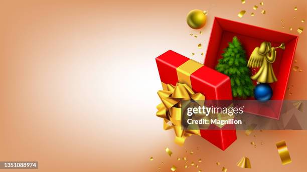 holiday background with open red gift box and confetti - retirement celebration background stock illustrations