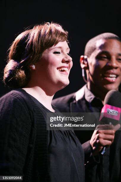 Adele interviewed by Reggie Yates on stage at The BRIT Awards 2008 Launch, The Roundhouse, London, 14th January 2008.