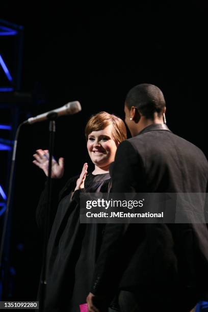 Adele performs on stage at The BRIT Awards 2008 Launch, The Roundhouse, London, 14th January 2008.
