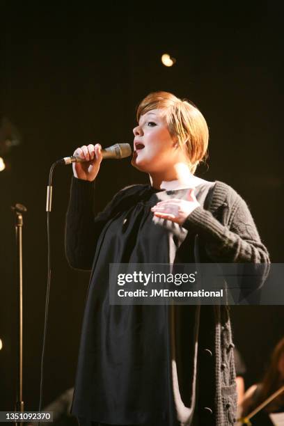 Adele performs on stage at The BRIT Awards 2008 Launch, The Roundhouse, London, 14th January 2008.