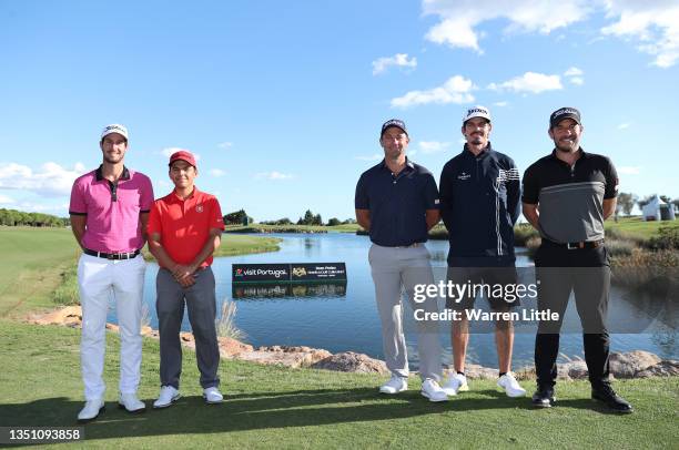 Tomas Gouveia, Pedro Clare Neves, Ricardo Santos, Pedro Figueiredo and Jose Filipe Lima of Portugal pose for a picture on the 18th green ahead of the...