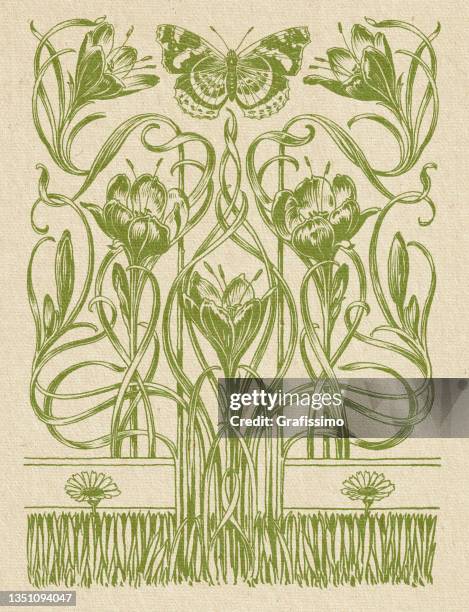 illustrazioni stock, clip art, cartoni animati e icone di tendenza di ornamento floreale con gigli e farfalla decorativa art nouveau 1897 - art nouveau
