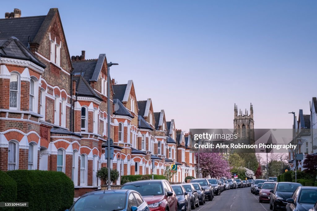 A residential street of Victorian style terrace houses in London