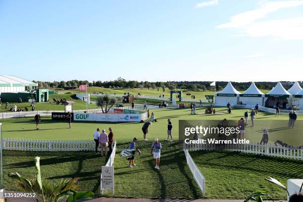 Competitors practice ahead of the Portugal Masters at Dom Pedro Victoria Golf Course on November 03, 2021 in Quarteira, Portugal.