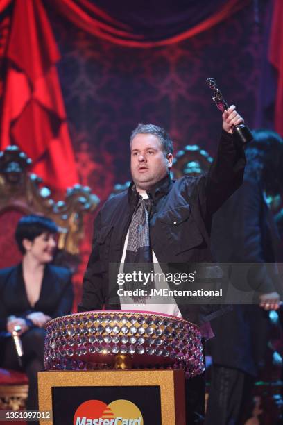 Award presenter Chris Moyles at the podium during The BRIT Awards 2008, Earls Court 1, London, 20th February 2008.